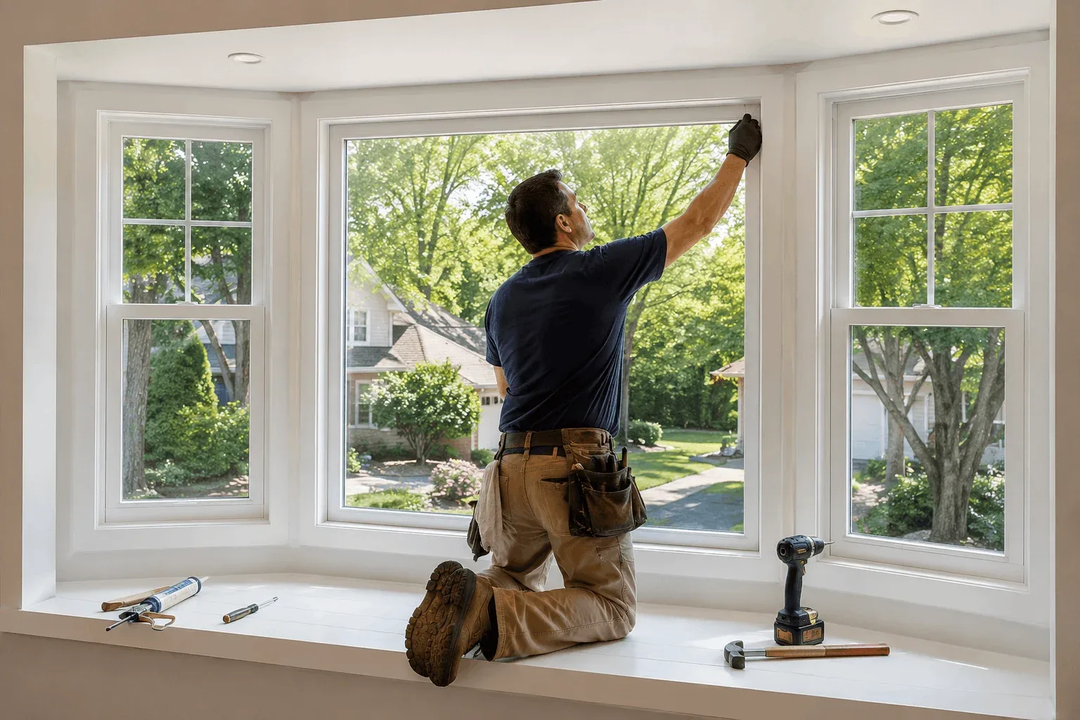 Installer setting a bay window from inside the room