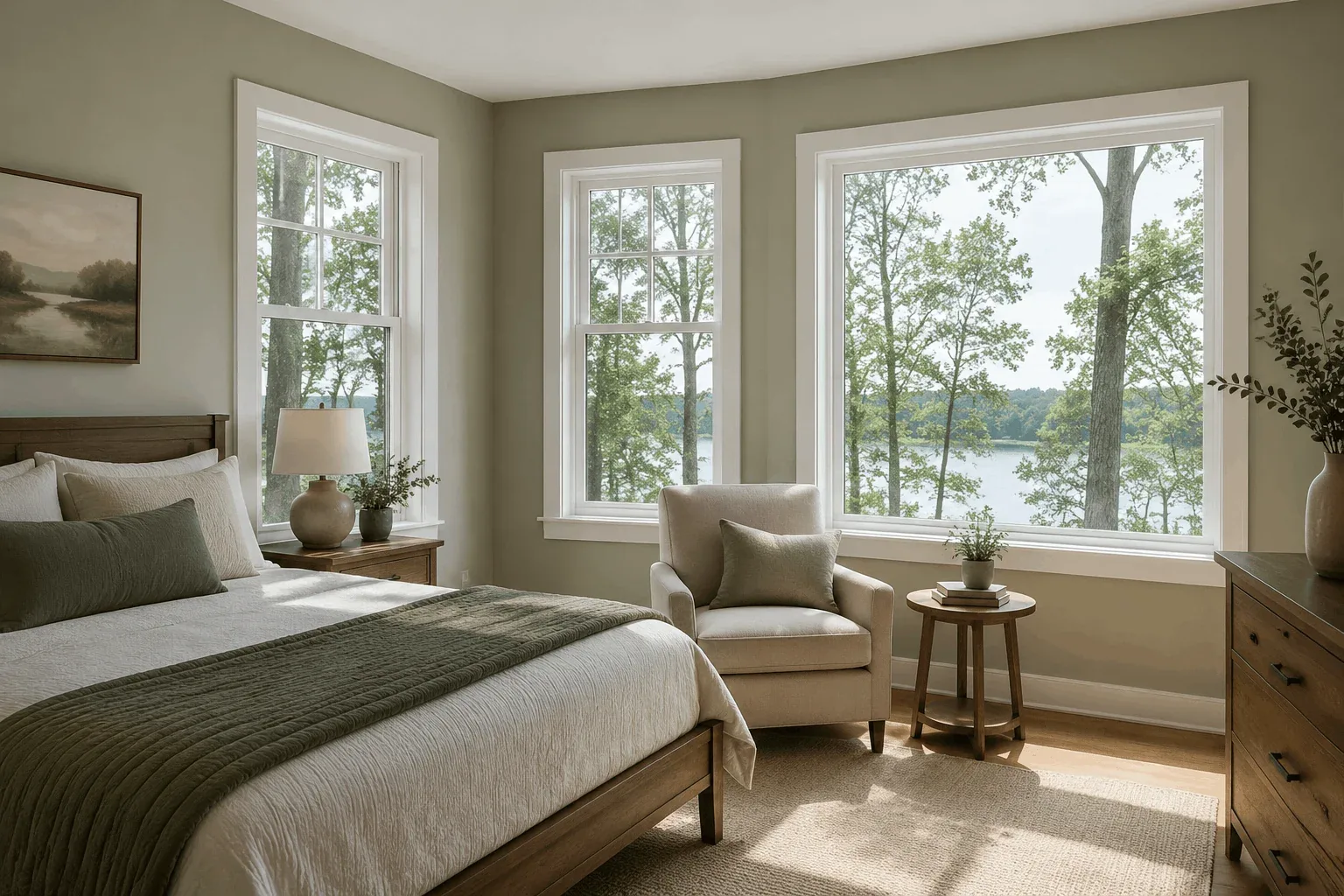 Bedroom windows with a shaded lake view