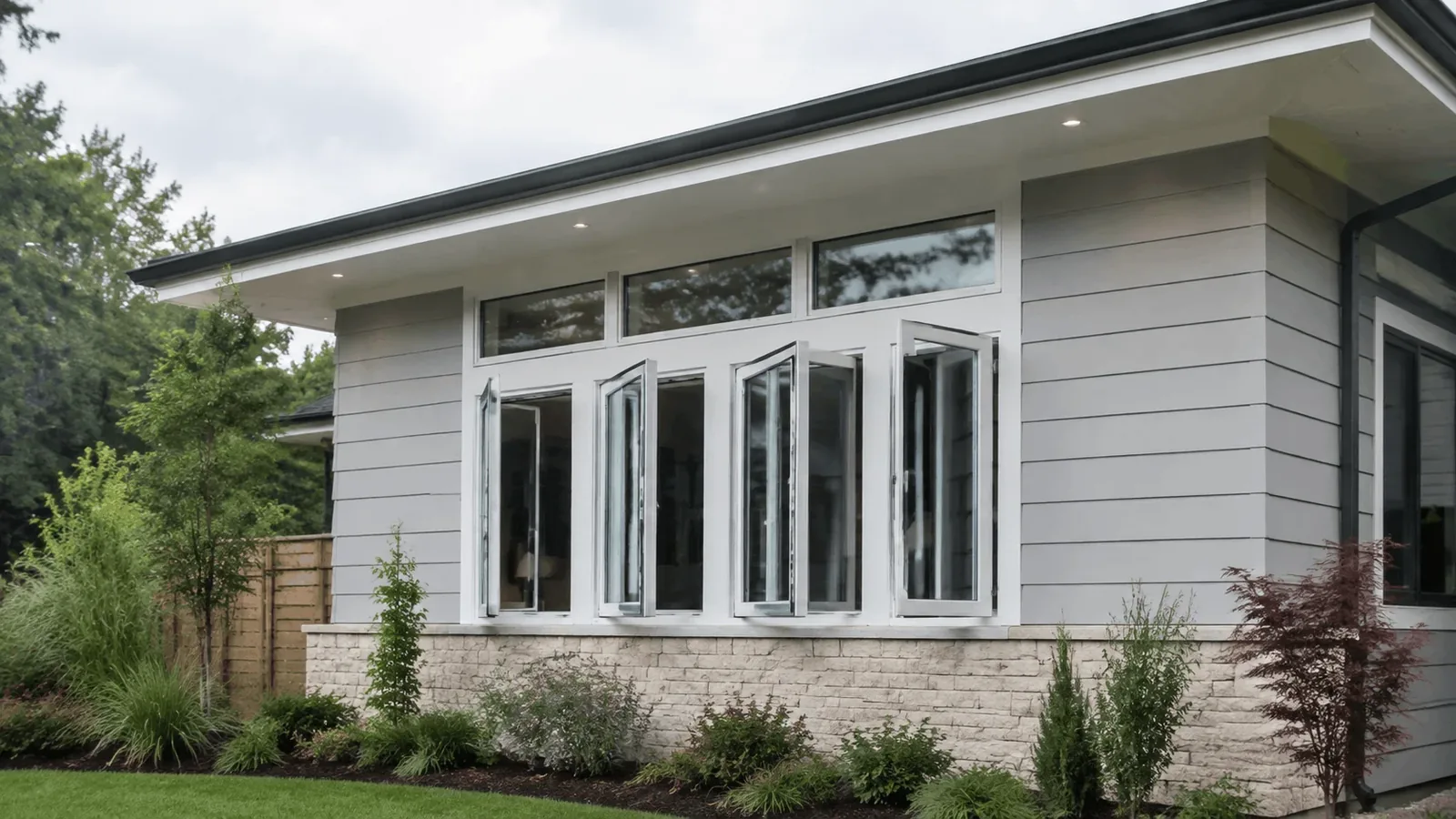 Vinyl casement windows on a modern home exterior