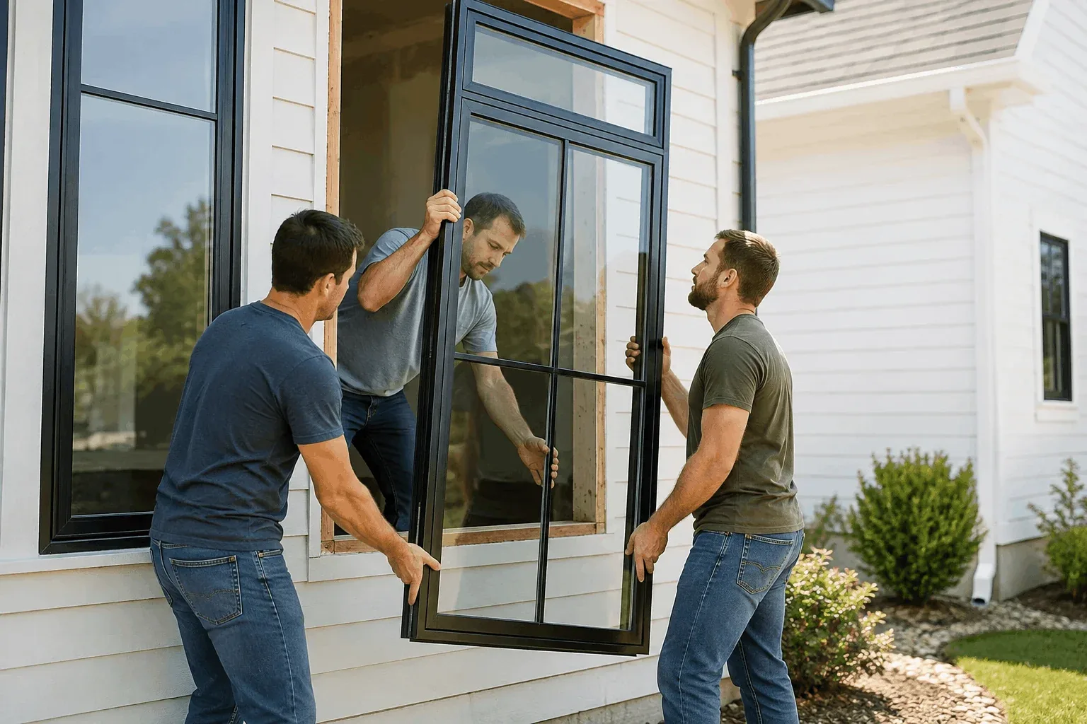 JEM Construction crew fitting a replacement window on a project site